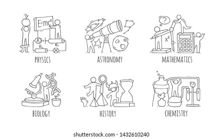 School icons set with studing little people. Doodle cute miniature of teamwork and lessons. Hand drawn cartoon vector illustration for school subject design.