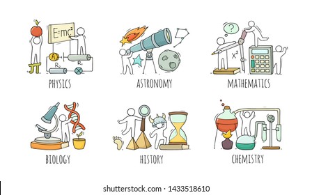 School icons set with studing little people. Doodle cute miniature of teamwork and lessons. Hand drawn cartoon vector illustration for school subject design.