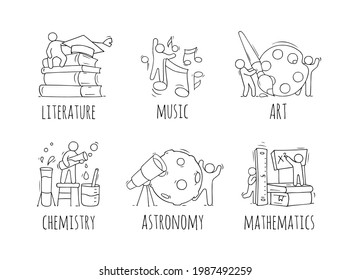 School icons set with studing little people. Doodle cute miniature of teamwork and lessons. Hand drawn cartoon vector illustration for school subject design.