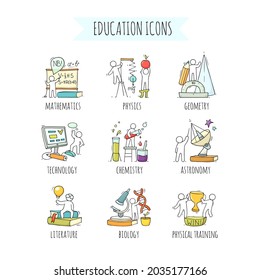 School icons set with studing little people. Doodle cute miniature of teamwork and lessons. Hand drawn cartoon vector illustration for school subject design.