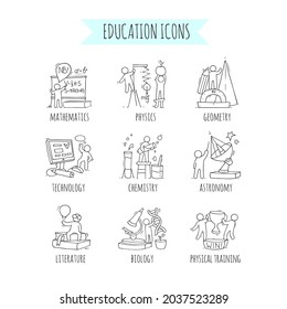 School icons set with studing little people. Doodle cute miniature of teamwork and lessons. Hand drawn cartoon vector illustration for school subject design.