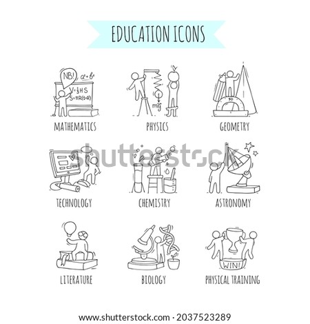 School icons set with studing little people. Doodle cute miniature of teamwork and lessons. Hand drawn cartoon vector illustration for school subject design.