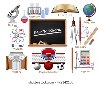 School icons set. School subjects. Concept design for the  Knowledge Day. Back to school. Vector color illustration