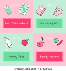 School icons set - school supplies, electronic gadgets, healthy food and beauty secrets. All from teenage or student girl backpack. Elements for infographic, web and school poster design.