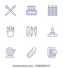 School icons set. Thin Line style, editable stroke. chemistry, crayons, stationery, compass, paint brush, pencil holder, school bell, clip, idea.