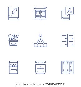 School icons set. Thin Line style, editable stroke. compass, lockers, stationery, color pencil, ink, school locker, classic, homework, maths.