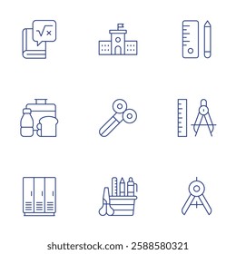 School icons set. Thin Line style, editable stroke. compass, school material, lunchbox, scissors, school locker, stationery, maths, secondary.