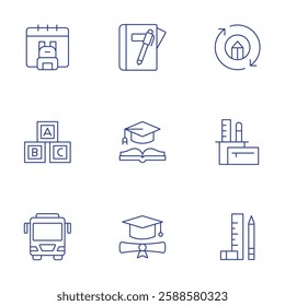 School icons set. Thin Line style, editable stroke. back to school, block, bus, diary, education, graduate, online learning, pencil case, ruler.