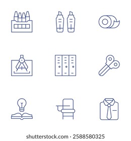 School icons set. Thin Line style, editable stroke. compass, locker, scissors, idea, school desk, shirt, crayons, marker, scotch.