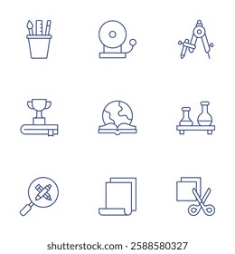 School icons set. Thin Line style, editable stroke. bell, book, cardboard, drawing compass, experiment, handmade, stationery, trophy, search.