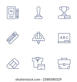 School icons set. Thin Line style, editable stroke. award, blackboard, briefcase, notebook, pencil and ruler, rubber, stamp, technical drawing.