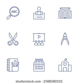 School icons set. Thin Line style, editable stroke. compass, scissors, students, color pencil, kindergarten, stationery, clip, homework, search.