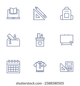 School icons set. Thin Line style, editable stroke. online learning, pencil case, schedule, stationary, tools, uniform, backpack, board, calculator.