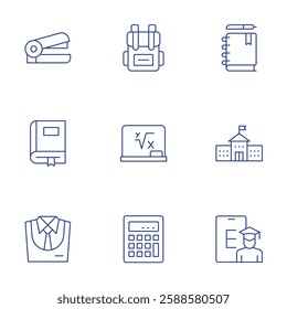 School icons set. Thin Line style, editable stroke. stapler, textbook, uniform, backpack, board, calculator, diary, elementary school, graduation.