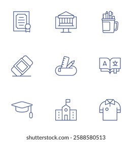 School icons set. Thin Line style, editable stroke. diploma, eraser, graduation hat, online university, pencil case, school, stationery, translate.