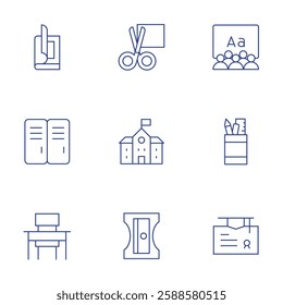 School icons set. Thin Line style, editable stroke. magazine, scissors, locker, school, stationery, college, school desk, sharpener, class.