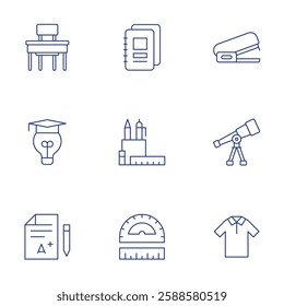 School icons set. Thin Line style, editable stroke. desk, education, grade, notebooks, pencil case, ruler, stapler, telescope, uniform.