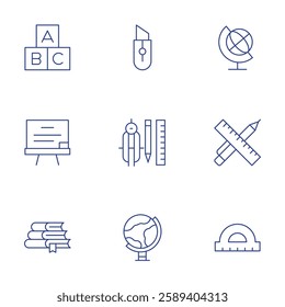 School icons set. Thin Line style, editable stroke. alphabet, blackboard, book, cutter, earth, edit tools, globe, pen, protractor.