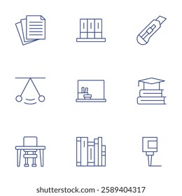 School icons set. Thin Line style, editable stroke. archive, blackboard, books, cutter, education, glue, paper, pendulum, school desk.