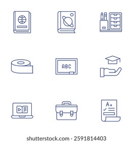 School icons set. Thin Line style, editable stroke. astronomy, blackboard, briefcase, desk organizer, education, grade, sport, tape, video.