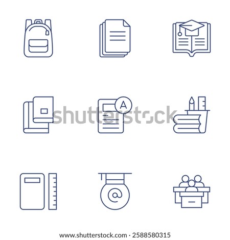 School icons set. Thin Line style, editable stroke. backpack, book, calculator, documents, exam, graduation, open book, pencil case, school.