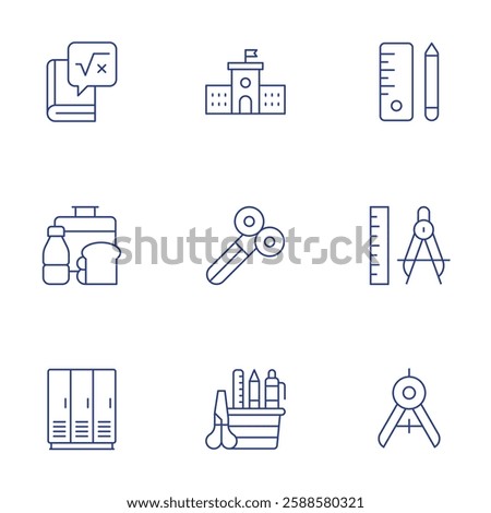 School icons set. Thin Line style, editable stroke. compass, school material, lunchbox, scissors, school locker, stationery, maths, secondary.