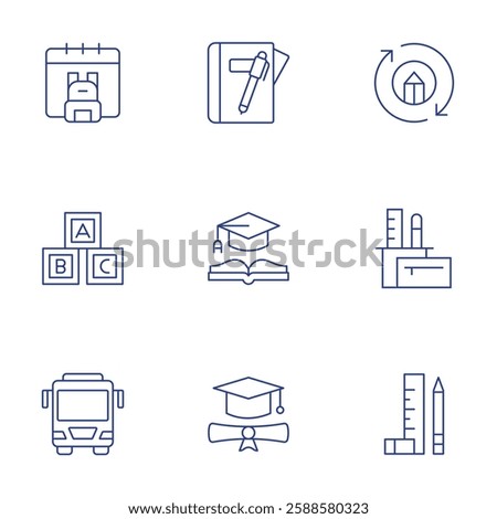 School icons set. Thin Line style, editable stroke. back to school, block, bus, diary, education, graduate, online learning, pencil case, ruler.