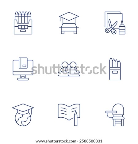 School icons set. Thin Line style, editable stroke. crayons, driving school, ebook, glasses, global education, homework, paper crafts, pencilcase.