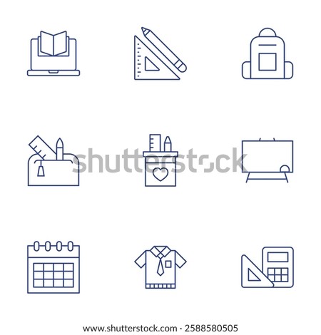 School icons set. Thin Line style, editable stroke. online learning, pencil case, schedule, stationary, tools, uniform, backpack, board, calculator.