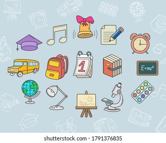 School Icons set - Vector color symbols and outline of education accessories for the site or interface