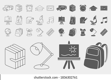 Juego de iconos escolares - Símbolos de esbozo de vectores y siluetas de accesorios educativos para el sitio o interfaz