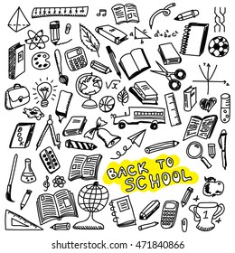 School Icons, Sketch Collection In Doodle Style, Vector Illustration