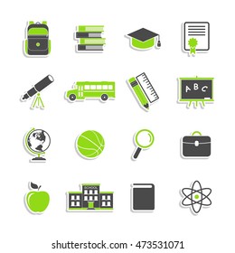 School icons stickers isolated on white background. Education collection. Back to school. College training symbols in flat style