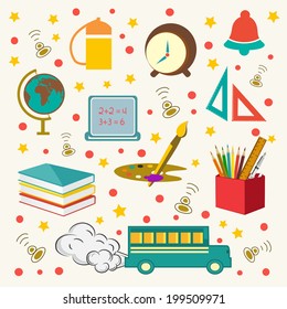 School Icons and symbols on colorful abstract background. 