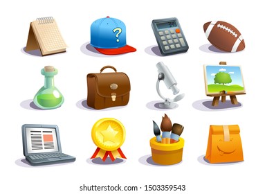 School icons and symbols set, education concept objects - notebook, calculator, test tube, microscope, laptop, medal, etc.