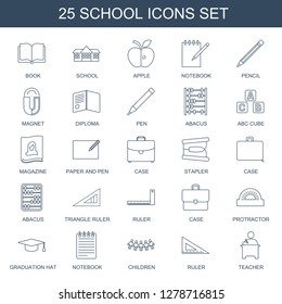 school icons. Trendy 25 school icons. Contain icons such as book, apple, notebook, pencil, magnet, diploma, pen, abacus, ABC cube, magazine, paper and pen. school icon for web and mobile.