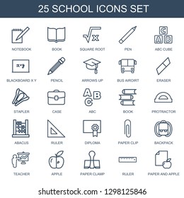 school icons. Trendy 25 school icons. Contain icons such as notebook, book, square root, pen, ABC cube, blackboard x y, pencil, arrows up, bus airoirt. school icon for web and mobile.