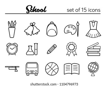 School icons. Vector set of 15 outline icons