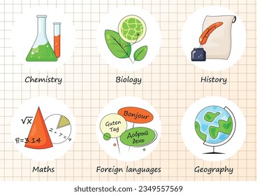 School icons. Vector icons set. Chemistry, biology, history, maths, foreign languages. geography. School subjects. 