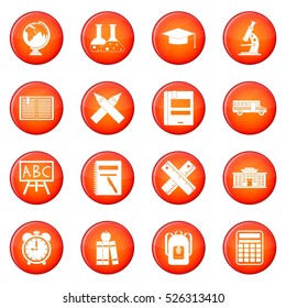 School icons vector set of red circles isolated on white background