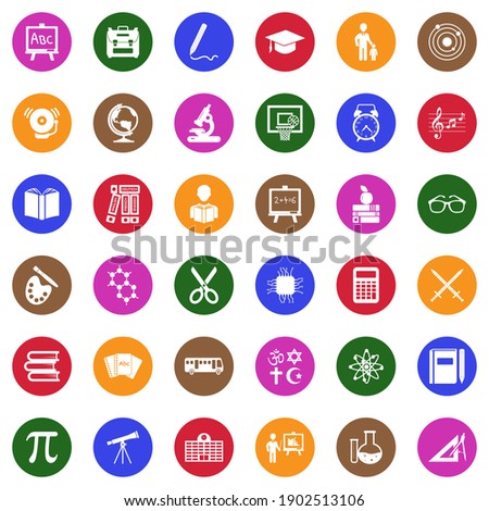 School Icons. White Flat Collection In Circle. Vector Illustration.
