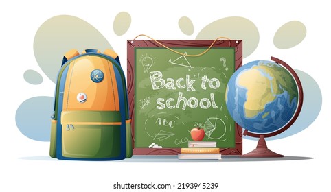 School illustration with a backpack, a globe, books and a school board with inscriptions. Back to school, knowledge day, study. Vector bright illustration.