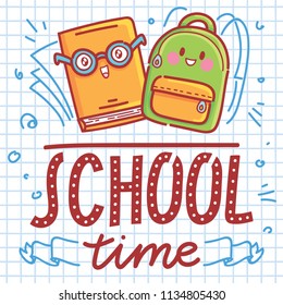 School illustration with Book and Backpack characters and lettering with doodles on page background. School time. Vector cartoon art in hand drawn style