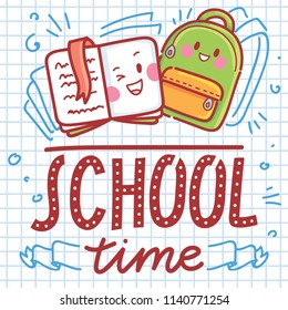 School illustration with Book and Backpack characters and lettering with doodles on page background. School time. Vector cartoon art in hand drawn style