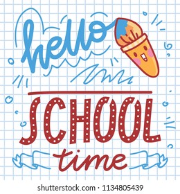 School illustration with Brush character and lettering with doodles on page background. Hello School time. Vector cartoon art in hand drawn style
