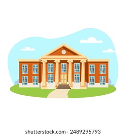 School illustration. Building, column, window, door, clock. Editable vector graphic design.