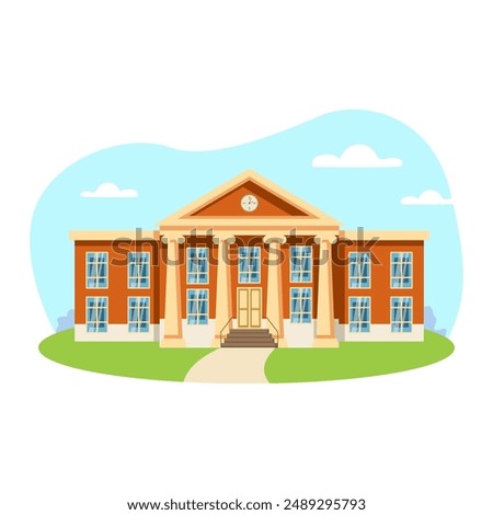 School illustration. Building, column, window, door, clock. Editable vector graphic design.