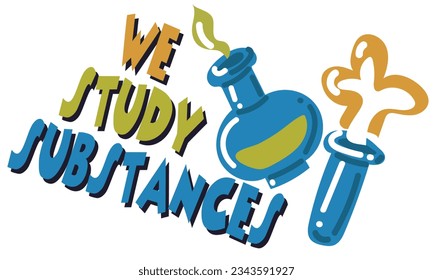 A school illustration with chemical flasks in an experiment and a motivating inscription. Flat chemistry icon. Ideal for printing children's illustrations. Back to school