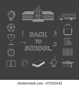 School illustration of education, knowledge, study. Back to school. Set of icons of school subjects. Vector illustration on a background of chalkboard.