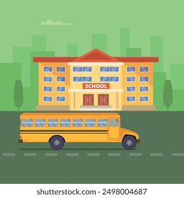 School illustration. Kids education building facade and yellow bus